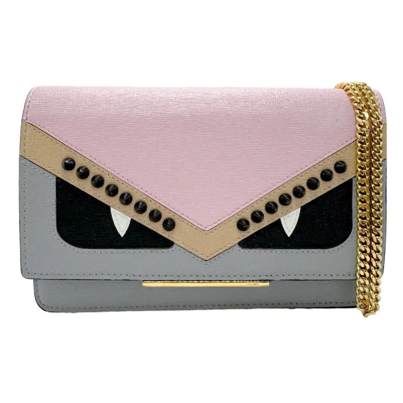 Fendi Street Style Must-Have -FENDI Chain Wallet Bag Bugs Monster Leather Pink x Grey Women's 8M0346 9HF n0206