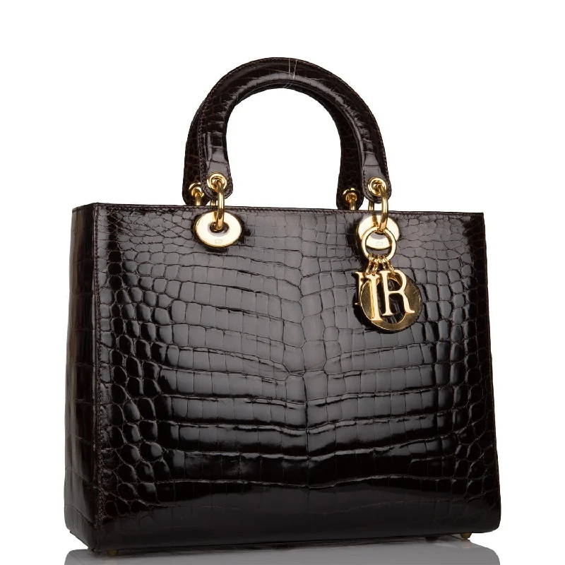 Timeless and Iconic: Dior HandbagsChristian Dior Dark Brown Large Lady Dior Alligator Tote Gold Hardware