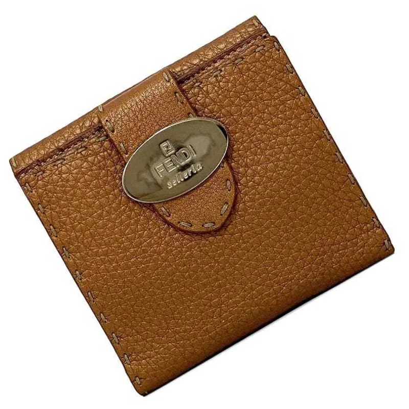 Fendi Street Style Must-Have -Fendi Bifold Wallet Brown Gold Silver Selleria 8M0206 Leather FENDI Double Fold Women's