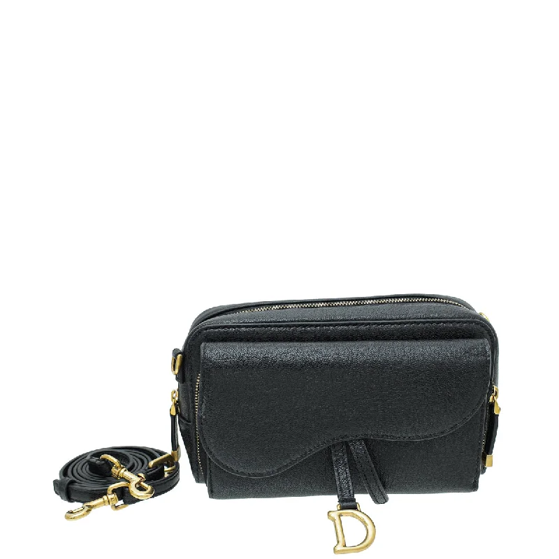 Crafted to Perfection: Dior BagsChristian Dior Black Goatskin Double Saddle Pouch Crossbody Bag