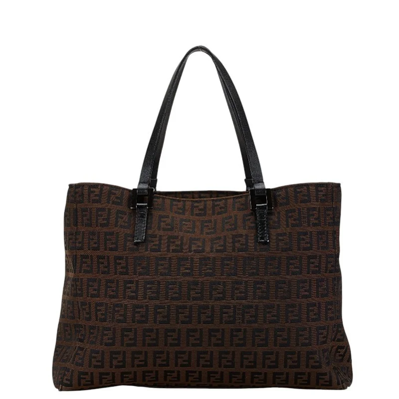 Fendi Logo Hardware Bag -FENDI ZUCCA Handbag Tote Bag 8BH018 Brown Black Canvas Leather Women's