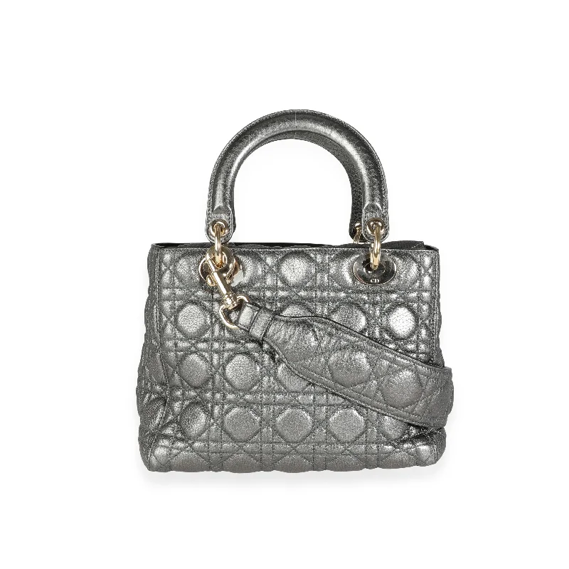 Modern Glamour with Dior HandbagsCHRISTIAN DIOR Metallic Silver Supple Cannage Leather Medium Lady Dior Tote