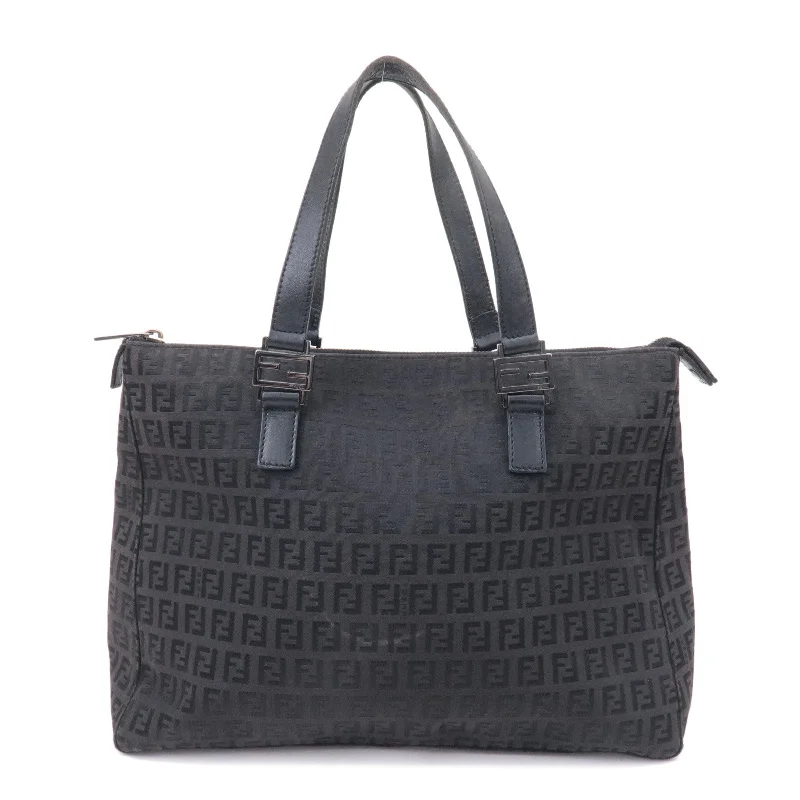 Fendi Woven Chain Bag -FENDI Zucchino Canvas Leather Tote Bag Brown Black 8BH138