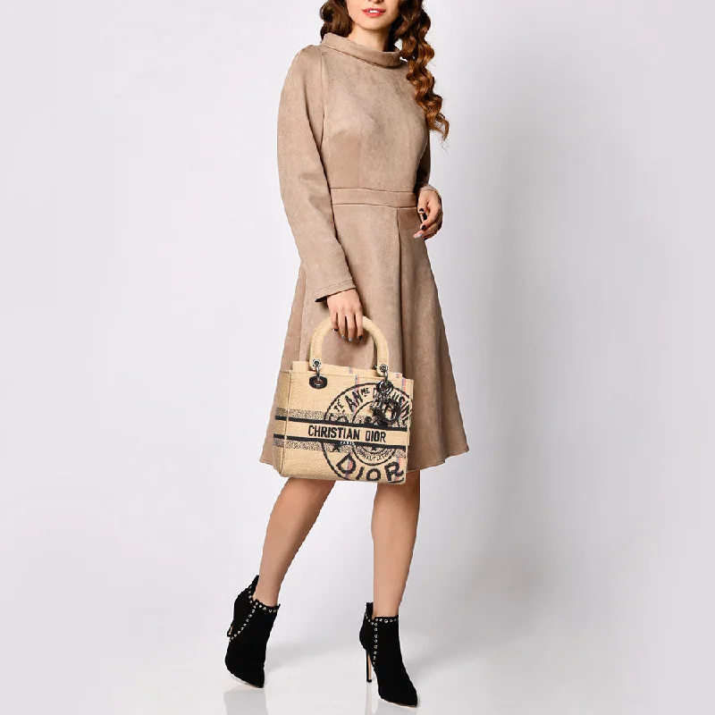 Explore the Essence of Luxury with DiorDIOR Beige Jute Union Embroidered Medium Lady D-Lite Tote