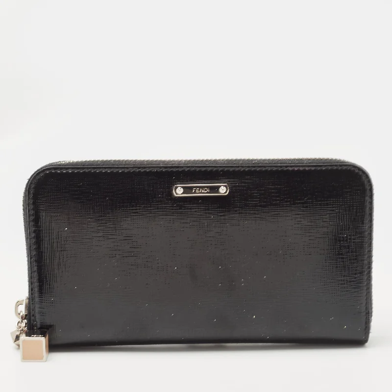 Fendi Monogram Embossed Bag -Fendi Black Patent Leather Zip Around Wallet