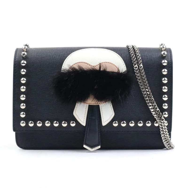 Fendi Crystal Embellished Bag -FENDI Wallet Chain Shoulder Bag Karl Lagerfeld Leather Fur Black White Silver Women's 8M0346-7MP e59557g