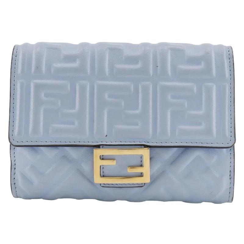 Fendi Zip Closure Bag -FENDI Medium Baguette Bi-fold Wallet FF Embossed 8M0419 Calfskin Light Blue Snap Button Women's