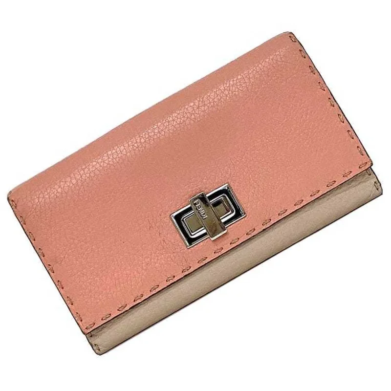 Fendi Zip Closure Bag -Fendi Bi-fold Pink Beige Selleria 8M0308 Leather FENDI Flap Turnlock Women's Long Wallet