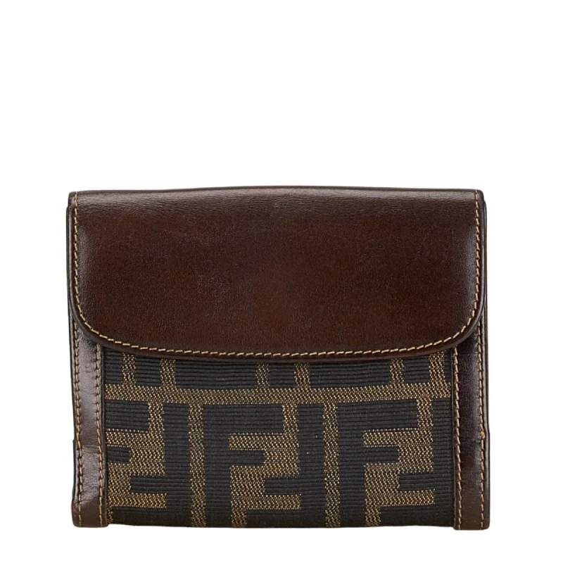 Fendi Pearl Handle Bag -FENDI ZUCCA Compact Wallet Bi-fold Brown Canvas Leather Women's