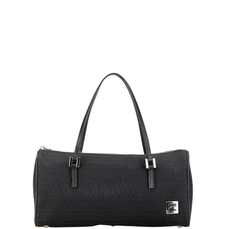 Fendi Woven Chain Bag -FENDI Zucchino Handbag Tote Bag Black Canvas Leather Women's