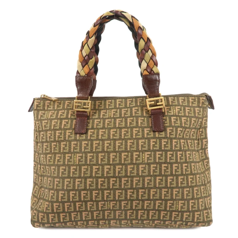 Fendi Monogram Embossed Bag -FENDI Zucchino Canvas Leather Tote Bag Khaki Brown 8BH138