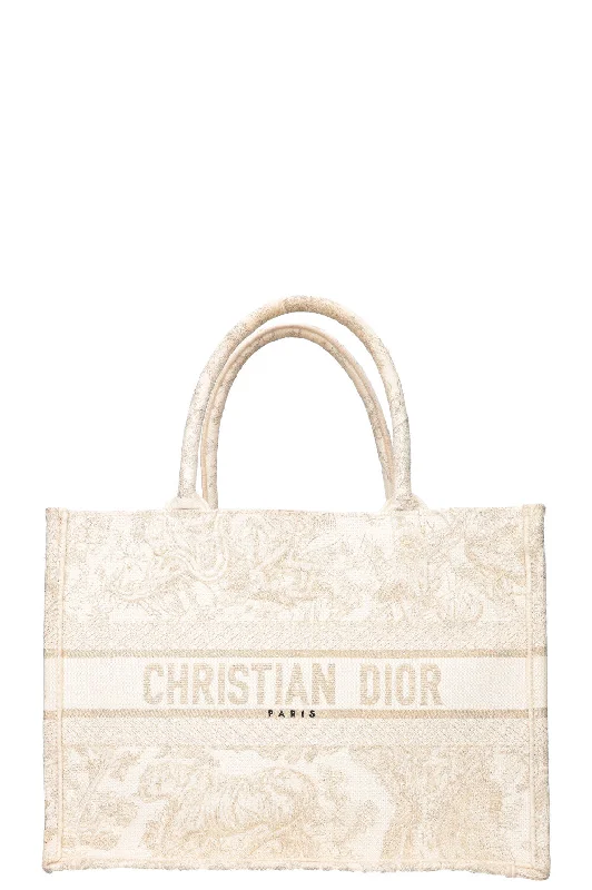 Dior: A Tradition of Excellence in HandbagsCHRISTIAN DIOR Medium Book Tote Toile de Jouy Embroidery Gold & White