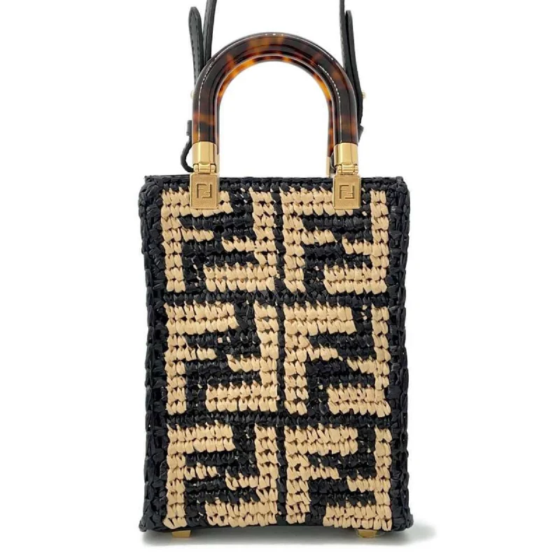 Fendi Exclusive Couture Bag -Fendi Handbag Sunshine Shopper Raffia 8BS051 2way Shoulder Bag Black