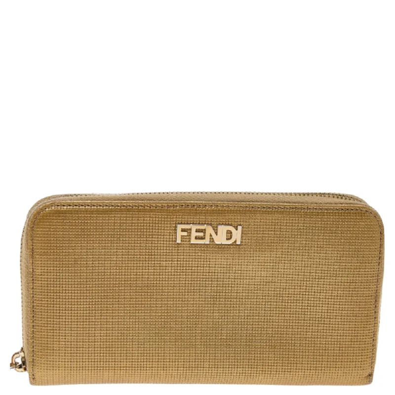 Fendi Handcrafted Excellence -Fendi Gold Embossed Leather Zip Around Wallet