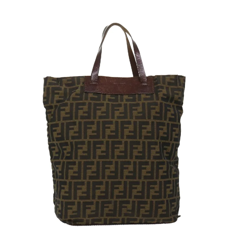 Fendi Woven Chain Bag -FENDI Zucca Canvas Tote Bag Nylon Brown Black  rd5437