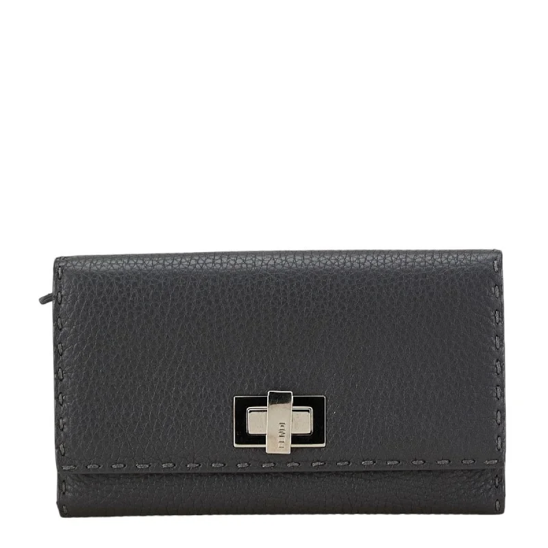 Fendi Woven Chain Bag -FENDI Selleria Peekaboo Long Wallet 8M0308 Grey Silver Leather Women's