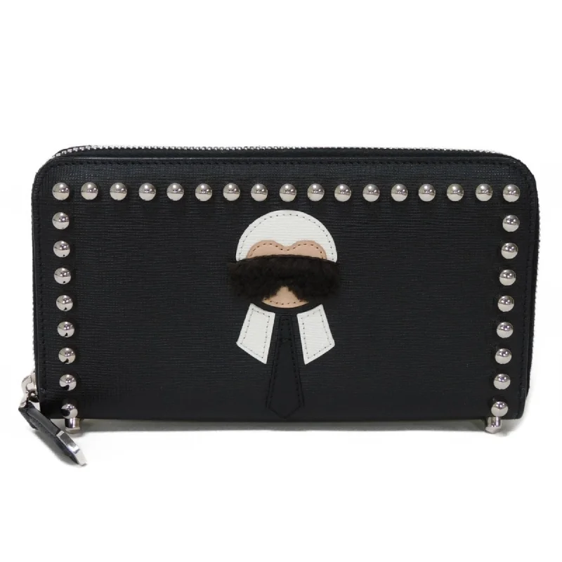 Fendi Monogram Embossed Bag -FENDI Long Wallet Karl Lagerfeld Zip Around Calf Fur Round Studs Black 8M0299 Men's Women's