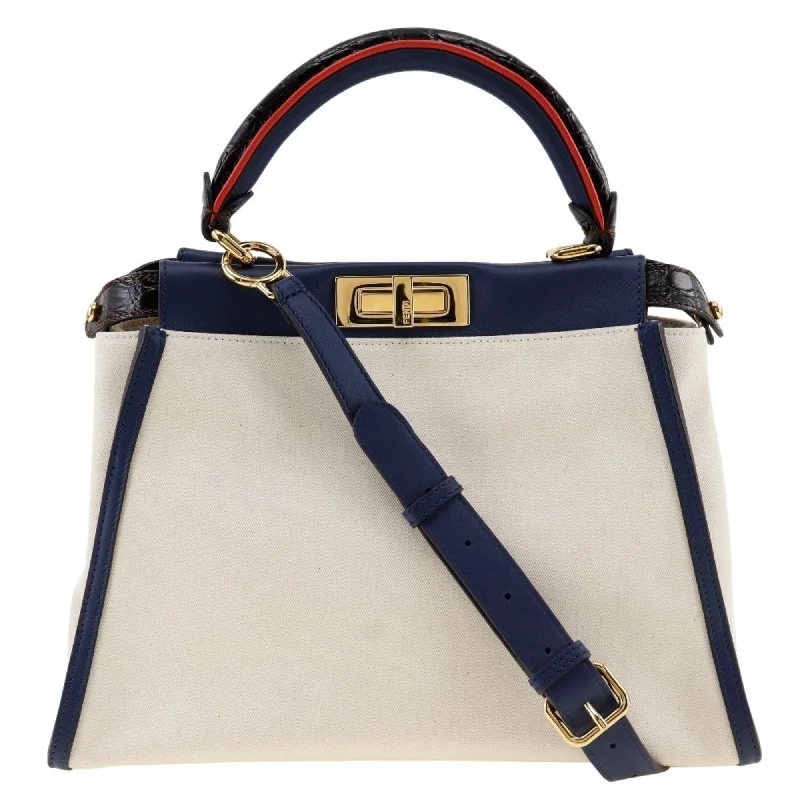 Fendi Metallic Finish Bag -FENDI Peekaboo handbag shoulder bag 8BN290 canvas x calfskin white/navy 2way A5 turn lock women's