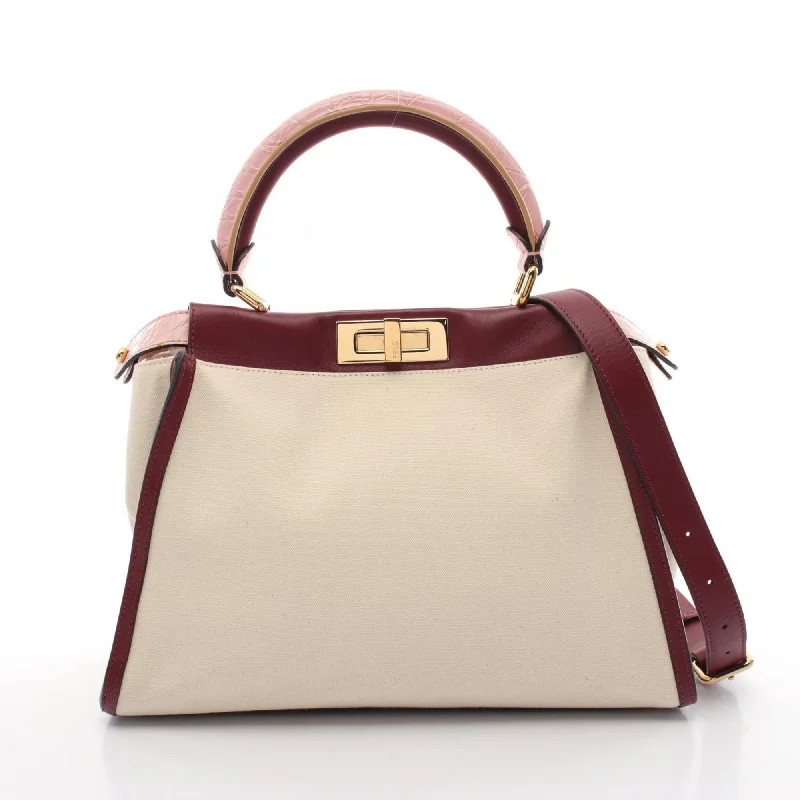 Fendi Buckle Detail Bag -FENDI Peekaboo Regular Handbag Bag Canvas Leather Women's Ivory Bordeaux Pink 8BN290