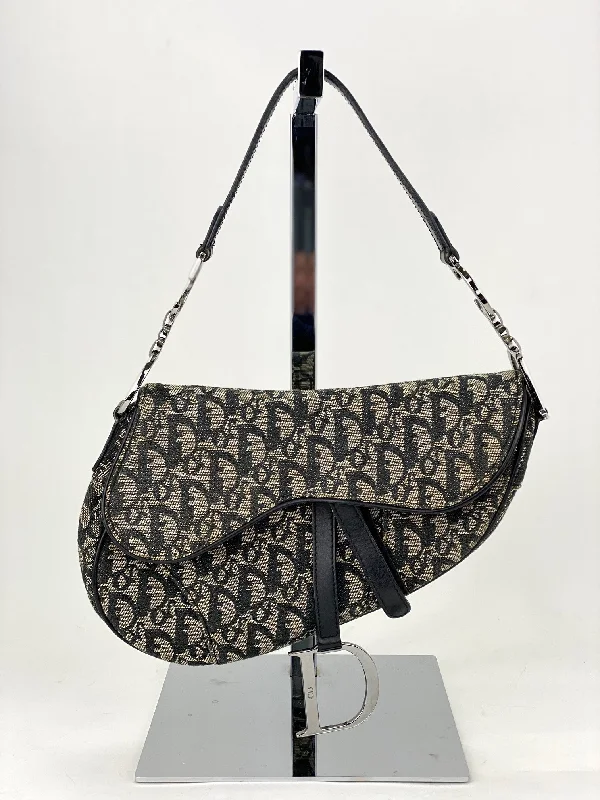 Designer Perfection: Dior HandbagsChristian Dior Oblique Saddle Hand Bag Purse Black Beige Canvas