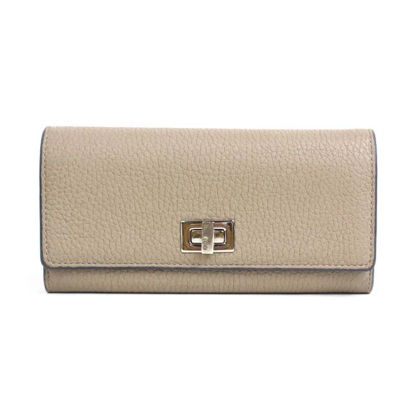 Fendi Woven Chain Bag -FENDI Bifold Long Wallet Continental Leather Greige Silver Ladies