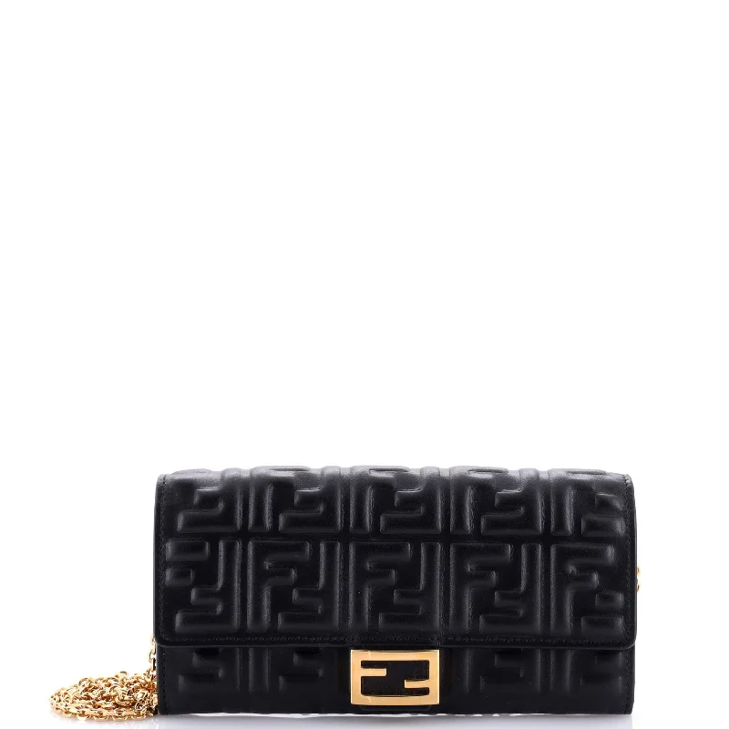 Fendi Metallic Finish Bag -Baguette Continental Wallet on Chain Zucca Embossed Leather