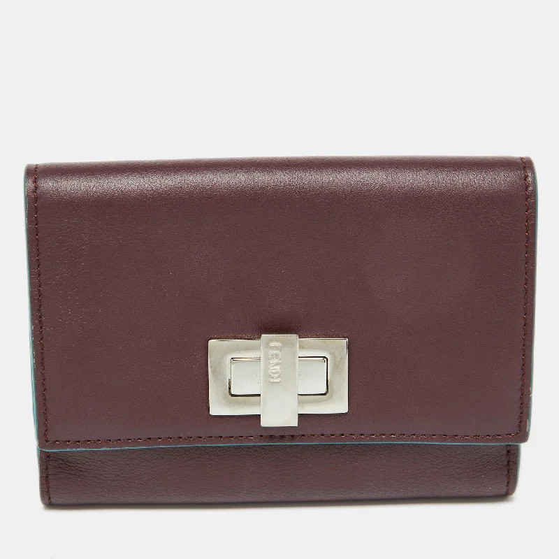 Fendi Iconic Luxury Staple -Fendi Burgundy Leather Peekaboo Trifold Wallet