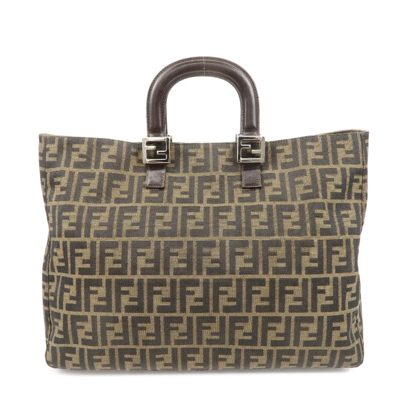 Fendi Monogram Embossed Bag -FENDI Zucca Canvas Leather Tote Bag Hand Bag Brown Black 26329