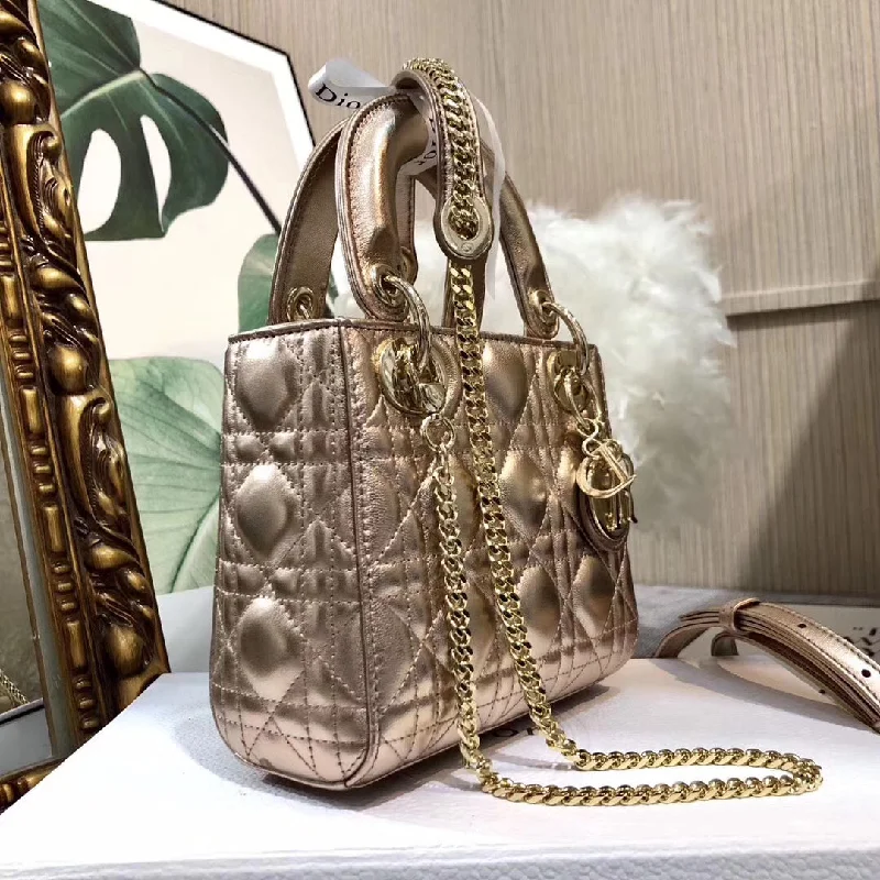 Define Your Style with Dior HandbagsDior Lady Dior Mini Chain Bag In Gold Metallic Calfskin