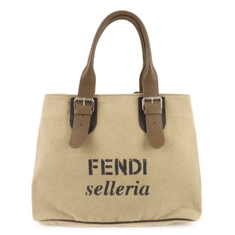 Fendi Petite Baguette Bag -FENDI Canvas Leather Tote Bag Shoulder Bag Hand Bag Beige