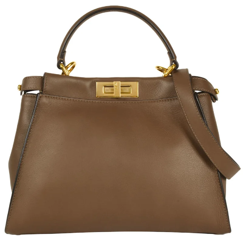 Fendi Petite Baguette Bag -FENDI Peekaboo Regular Handbag Leather Brown Shoulder Bag Pecan