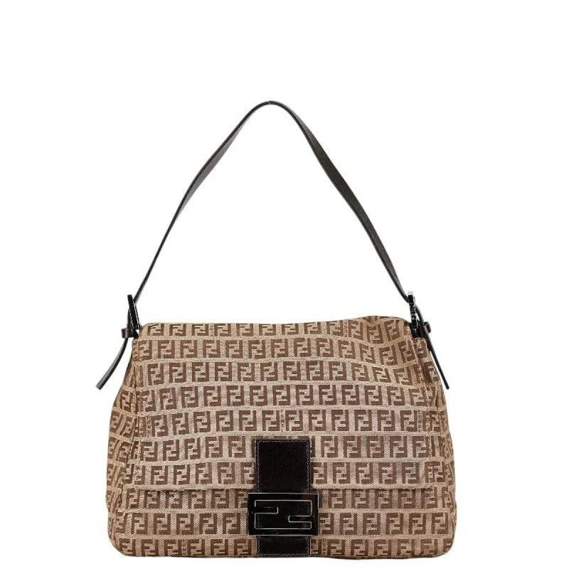 Fendi Gold-Plated Bag -FENDI Zucchino Mamma Bucket Handbag Brown Canvas Leather Women's