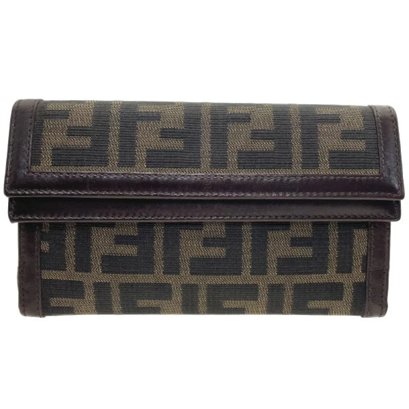 Fendi Oversized Clutch -Fendi Zucca Tri-fold Long Wallet Canvas Leather Khaki Black Dark Brown 31078 FENDI FF W HH-13604