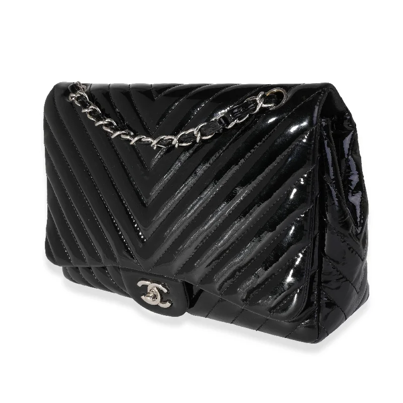 Chanel Evening Clutch -Chanel Black Chevron Quilted Patent Leather Jumbo Classic Single Flap Bag