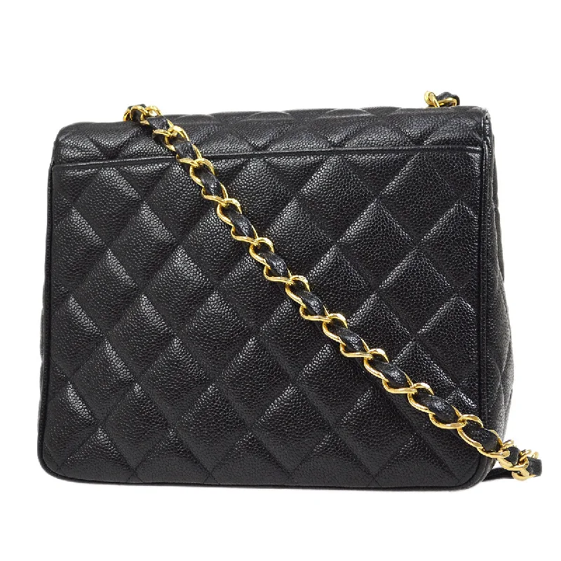 Chanel Street Style Favorite -CHANEL 1994-1996 Big CC Straight Flap Bag Medium Black Caviar 84105