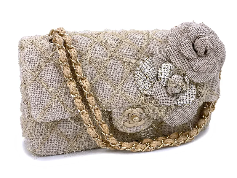 Chanel Luxury Statement Bag -Chanel 2010 Taupe Beige Camellia Straw Raffia Classic Flap Bag GHW