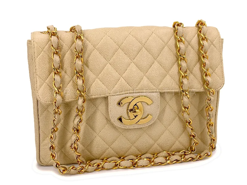 Chanel Luxury Statement Bag -Chanel 1994 Vintage Light Beige Caviar Jumbo Classic Flap Bag 24k GHW