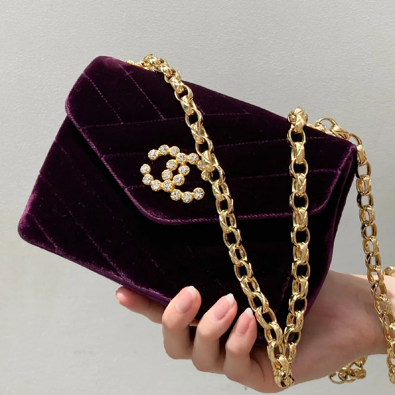 Chanel Signature Handbag -CHANEL * 1991-1994 Purple Velvet Rhinestone CC Diagonal Letter Flap Bag