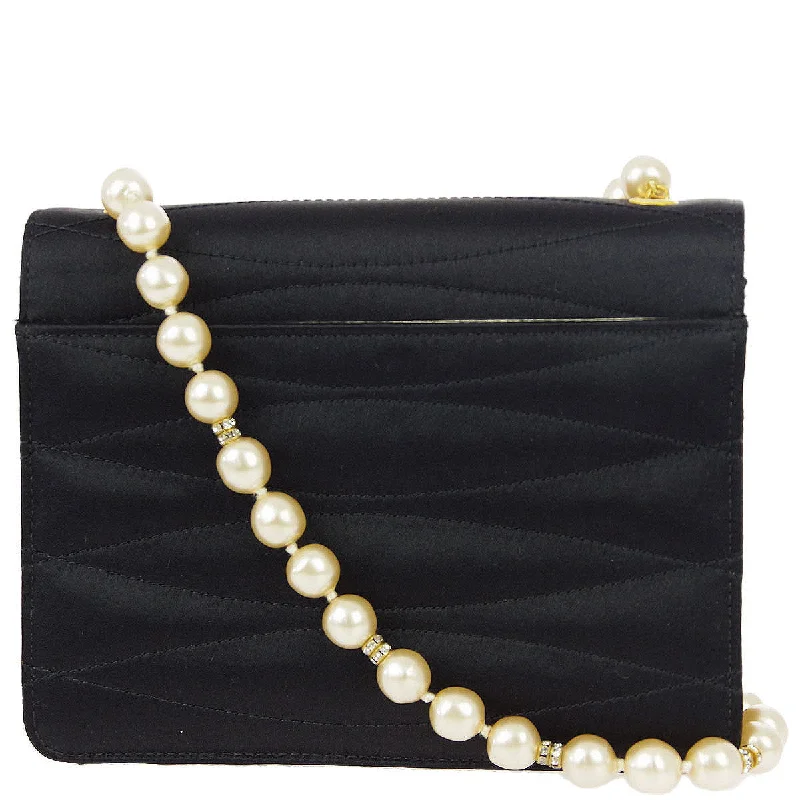 Chanel High Society Bag -Chanel Black Rhinestone Artificial Pearl Chain Straight Flap Bag