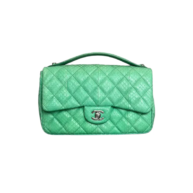 Chanel Special Occasion Bag -Easy Carry Flap Bag Quilted Snakeskin Medium Green SHW