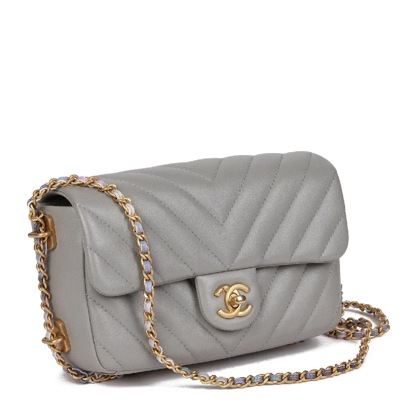 Chanel Winter Bag -Chanel Grey Chevron Quilted Lambskin Chain Around Mini Rectangular Flap Bag