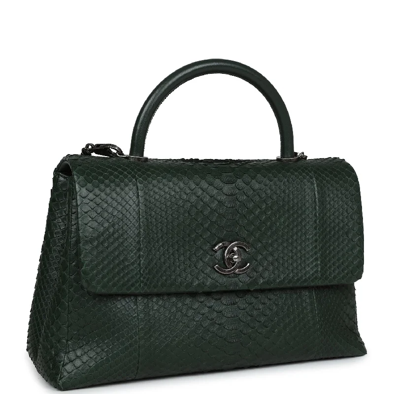 Chanel Parisian Style Bag -Chanel Medium Coco Handle Flap Bag Dark Green Python Ruthenium Hardware