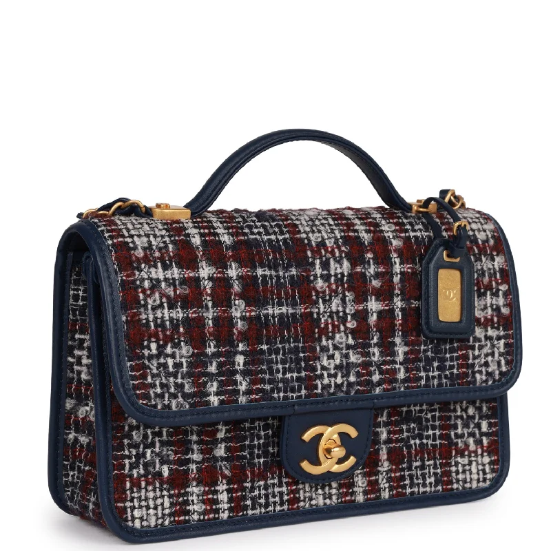 Chanel Ultra-Feminine Bag -Chanel Medium School Memory Flap Bag with Top Handle Navy Multicolor Tweed Aged Gold Hardware