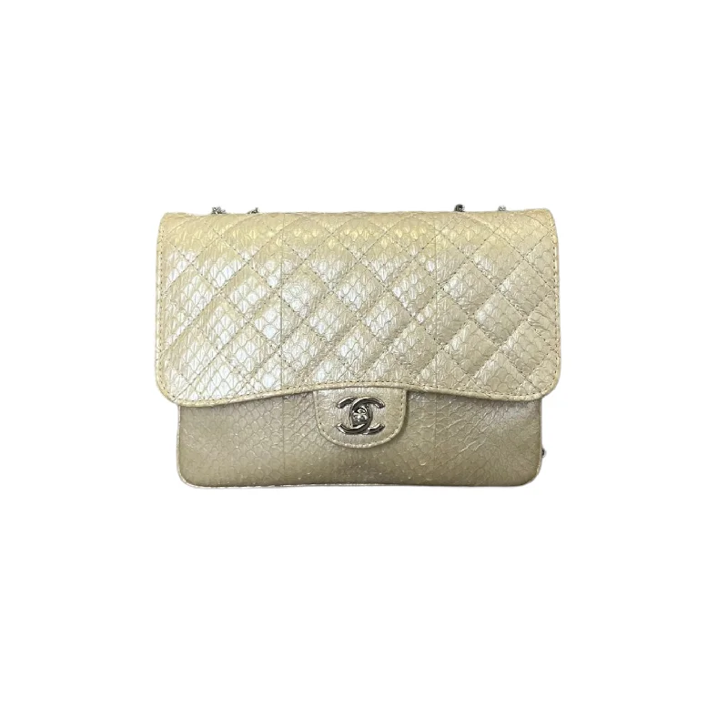 Chanel Holiday Edition Bag -Python Quilted Chanel 3 Accordion Flap Bag Beige SHW