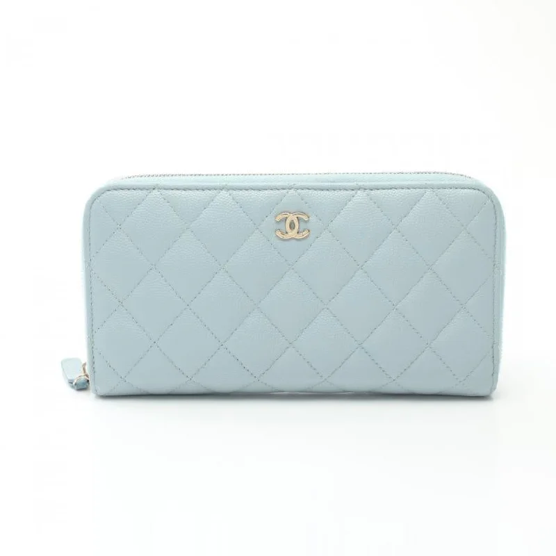 Chanel Iconic Parisian Bag -Chanel Matelasse Round Zipper Long Wallet Caviar Skin Light Blue Gold Hardware 892527 - Condition B