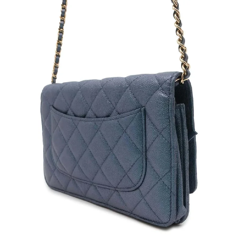 Chanel Parisian Style Bag -CHANEL Matelasse Chain wallet Metalic Blue A33814 Caviar Leather