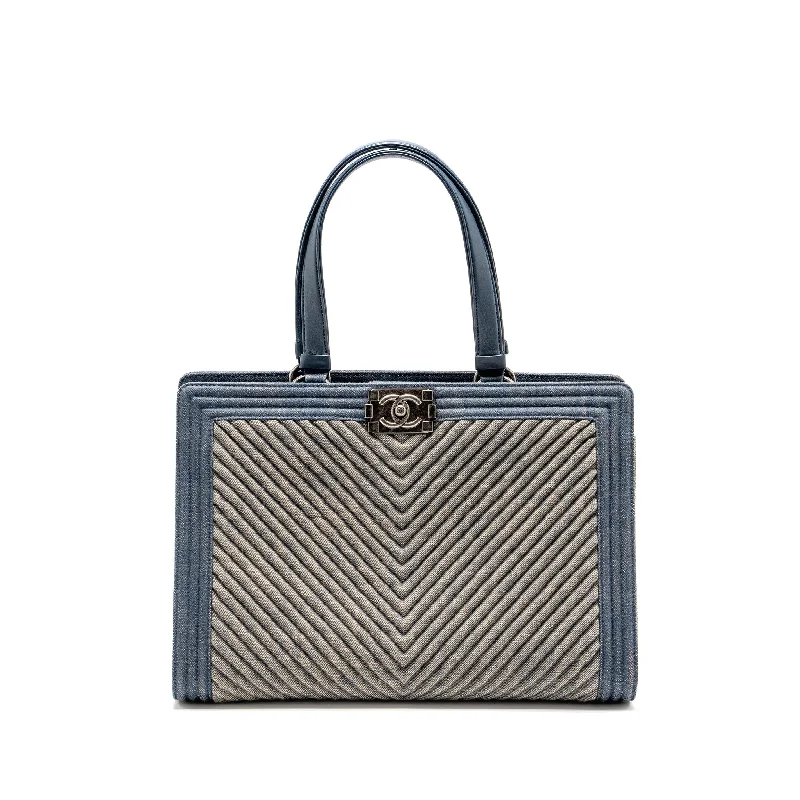 Chanel Summer Bag -Chanel 15P Boy Chevron Shopping Tote Bag Denim/ Lambskin Blue Ruthenium Hardware