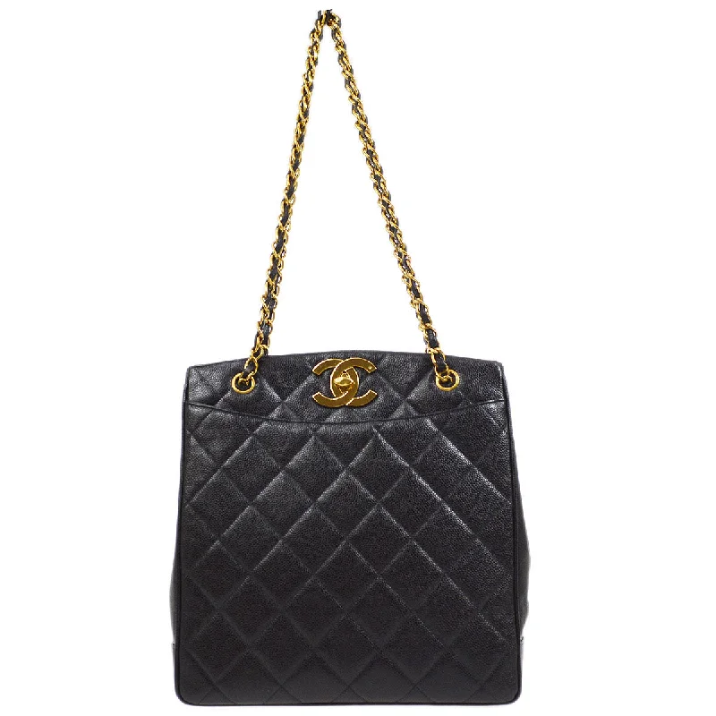 Chanel Ultra-Feminine Bag -CHANEL 1991-1994 Big CC Chain Tote Bag Black Caviar 45123