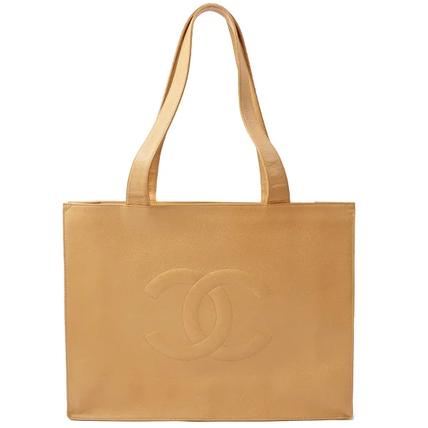 Chanel Elegant City Bag -Chanel 1998 Made Caviar Skin Coco Mark Stitch Tote Bag Beige