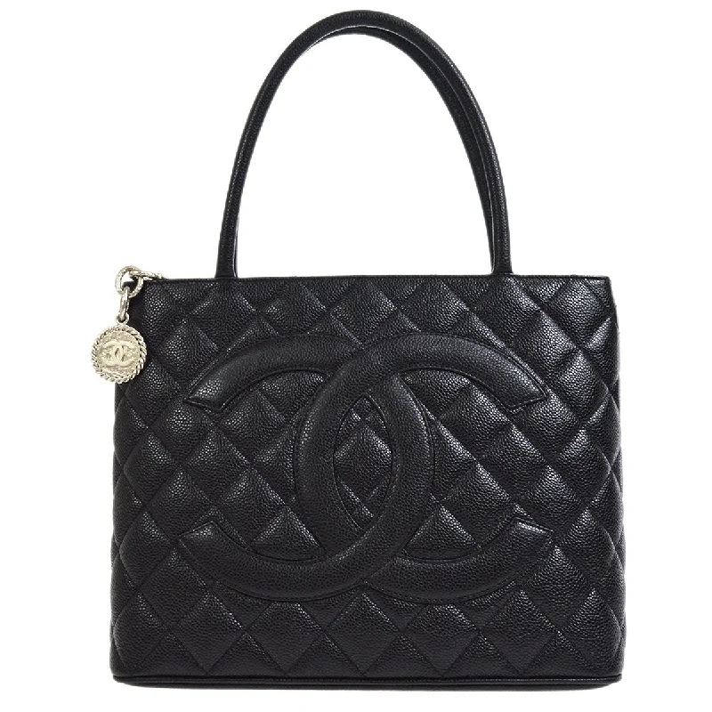 Chanel Retro-Inspired Bag -CHANEL 2000-2001 Black Caviar Medallion Tote 90555